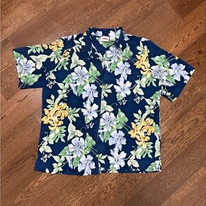 Navy Blue Floral Print Casual Button Down Shirt